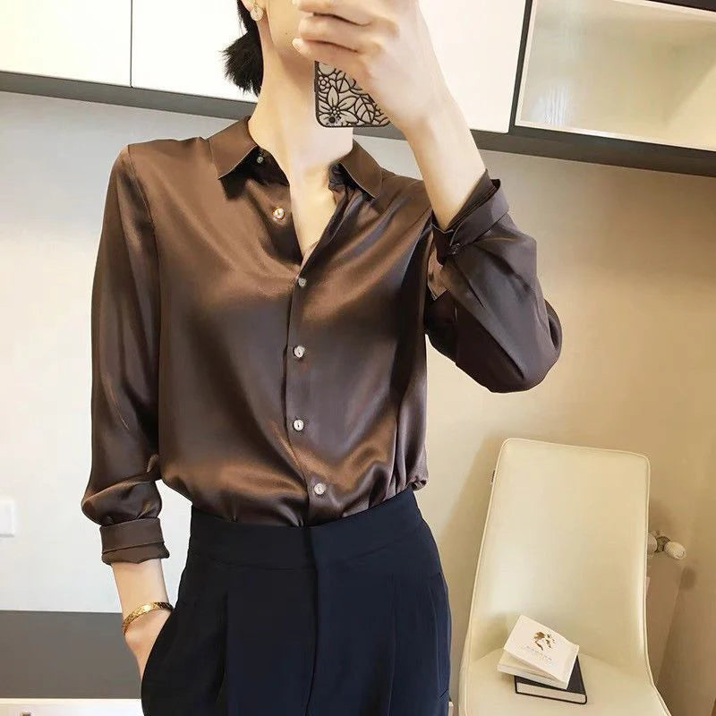 French Elegant Women Satin Glossy Shirt Summer Solid Loose Long Sleeve