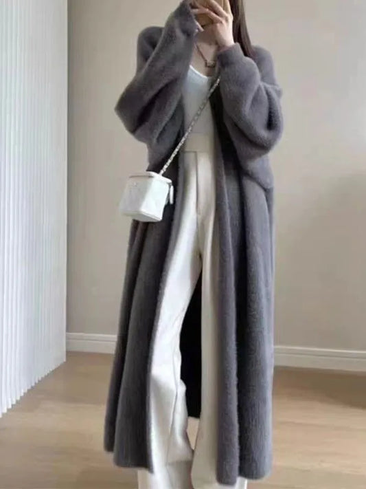 Autumn and winter loose and lazy style open knit coat, thick knee