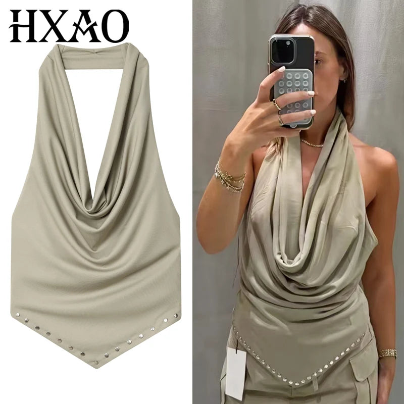 HXAO 2025 Rivet Halter Neck Tops For Woman Autumn Sexy Crop Ruffled