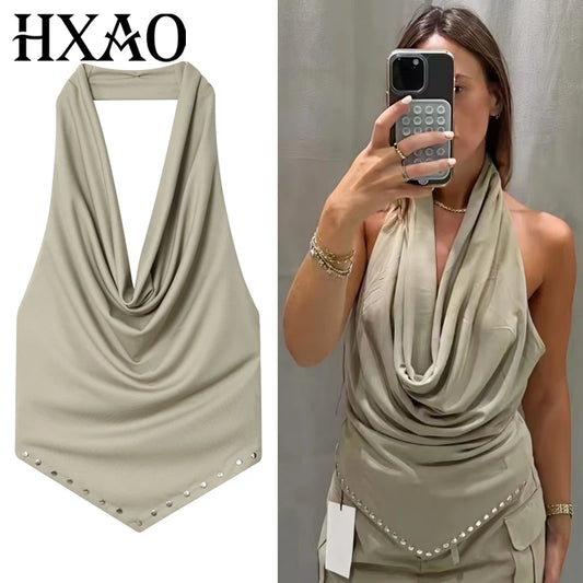 HXAO 2025 Rivet Halter Neck Tops For Woman Autumn Sexy Crop Ruffled