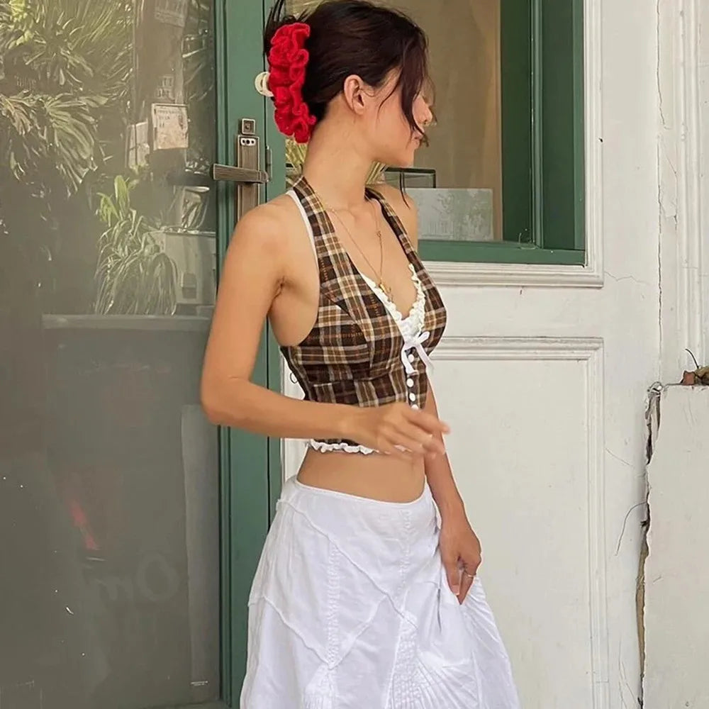 Women's Halterneck Plaid Print Crop Top V-neck Backless Lace Slim Tank