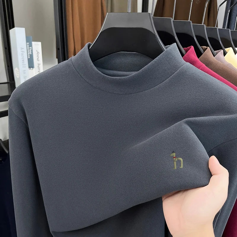Autumn Winter New Men's Half High Collar Velvet Long Sleeve T-Shirt