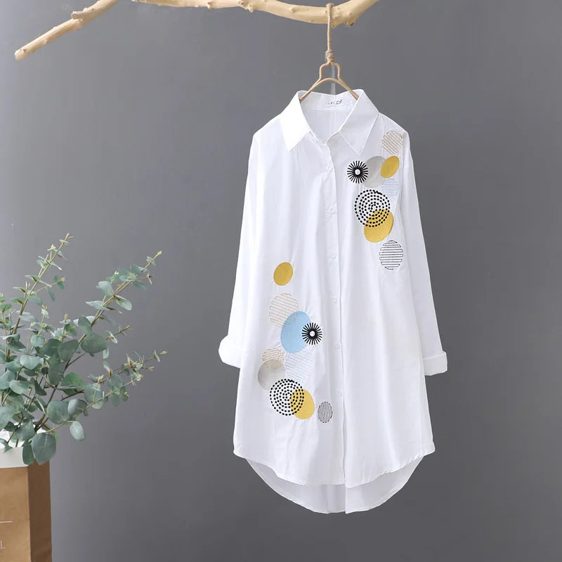 Women Embroidery Loose Long White Shirts 2024 Spring Autumn New Casual