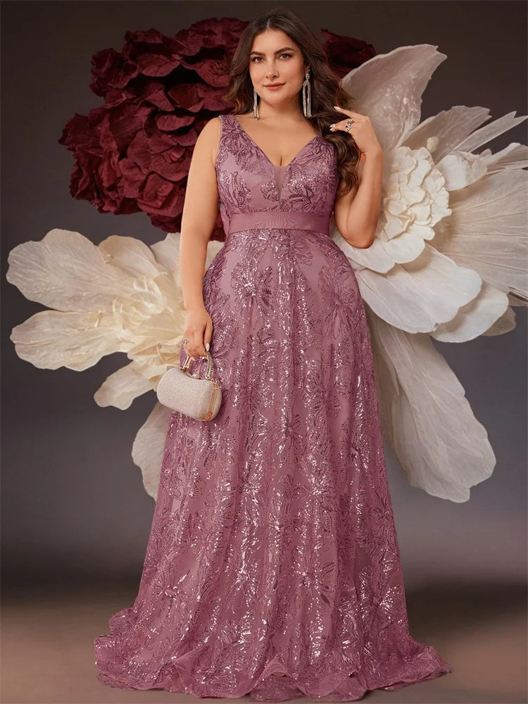 Plus Size Luxury Deep V-Neck Sequins Blue Evening Dress Women Elegant