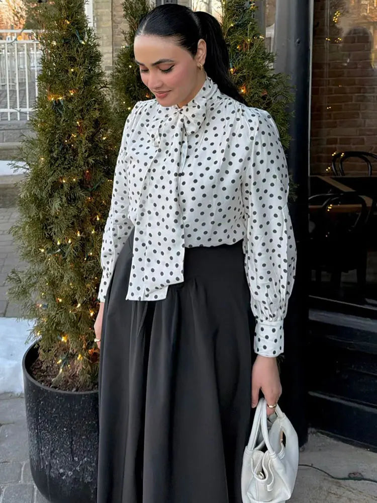 HH Polka Dot Shirts For Women Elegant Fashion Long Sleeve Scarf Collar