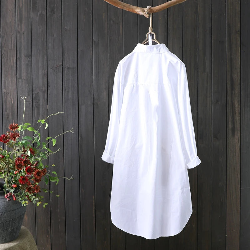 Women Embroidery Loose Long White Shirts 2024 Spring Autumn New Casual