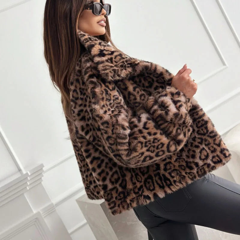 Casual Loose Outerwear Autumn Winter Woman Tops New Fashion Leopard