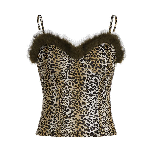 SUCHCUTE Retro Leopard Print Patchwork Faux Fur Trim  Cami Tops Women