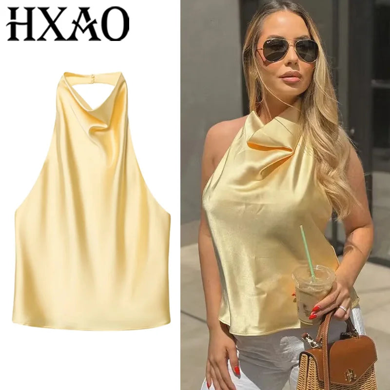 HXAO Halter Neck Women's Top Off Shoulder Satin Crop Top Women Summer