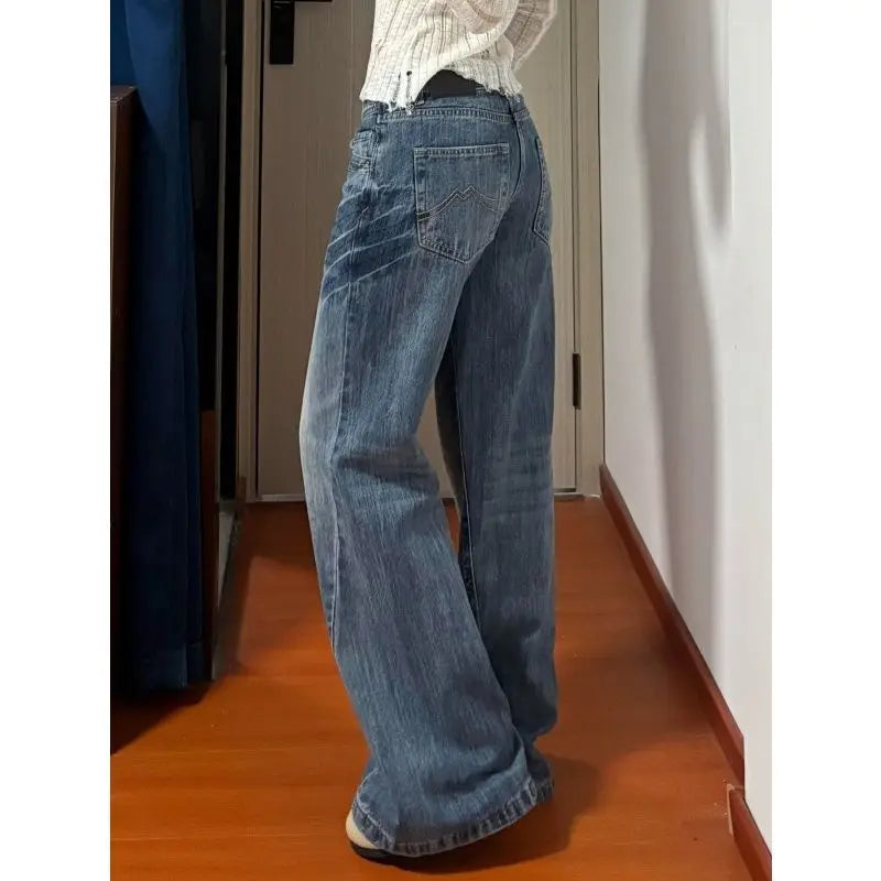 New American Vintage Edgy Low Waist Washed Jeans Women Lightning Crack