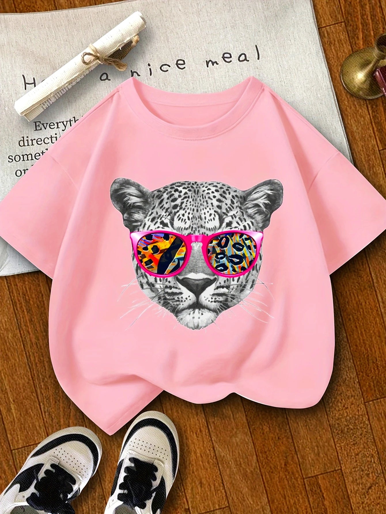 Playful Charm, Colorful Leopard Face Print Girls' T-Shirt Soft Crew