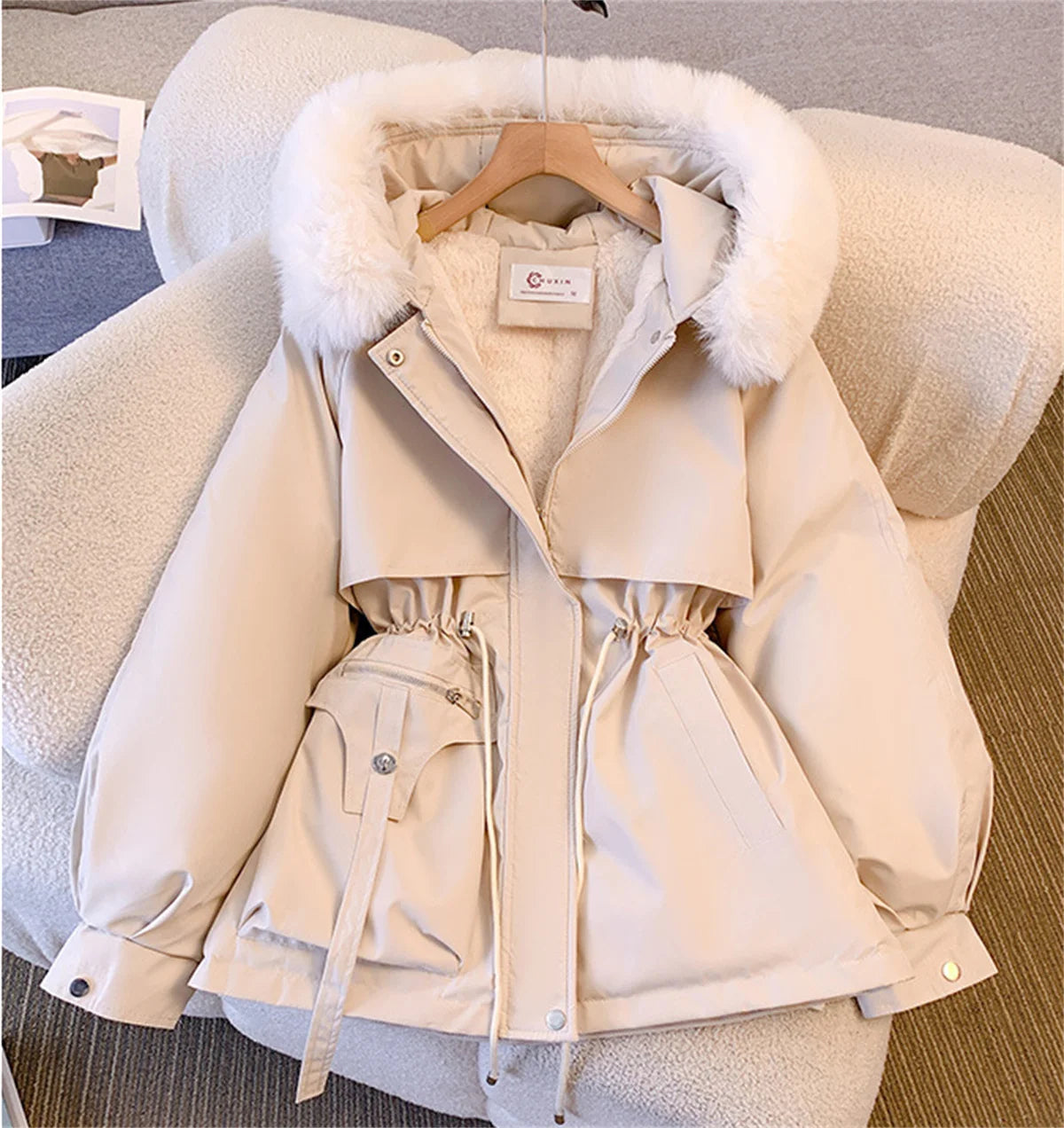Women Autumn Winter Fashion Coats Korean Hooded Drawstring Padded