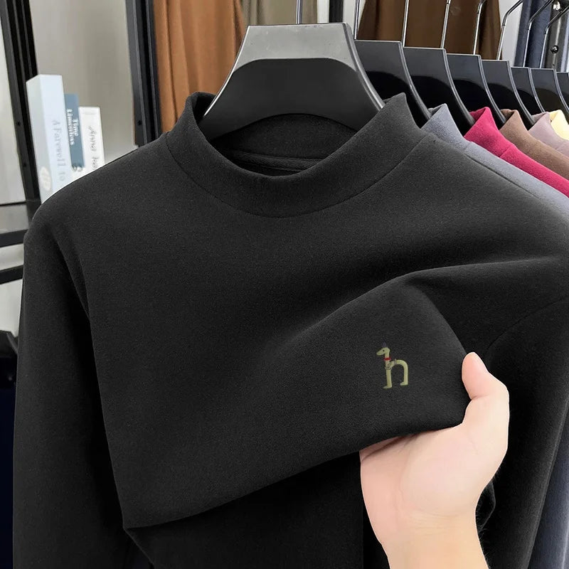 Autumn Winter New Men's Half High Collar Velvet Long Sleeve T-Shirt