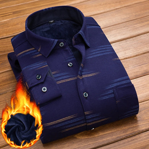 Plaid Printed Shirt Men's Winter Thicken Fleece Warm Long-sleeved