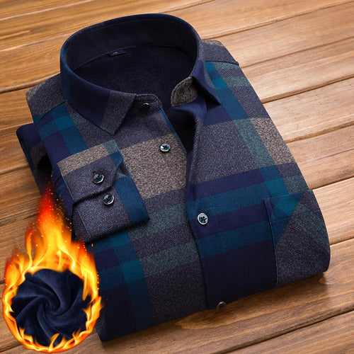 Plaid Printed Shirt Men's Winter Thicken Fleece Warm Long-sleeved