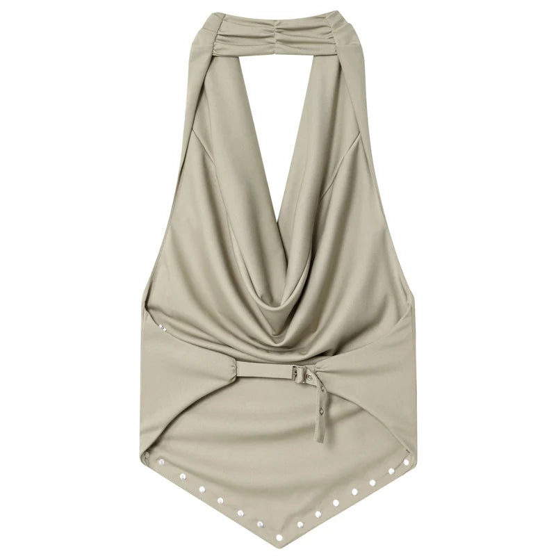 HXAO 2025 Rivet Halter Neck Tops For Woman Autumn Sexy Crop Ruffled
