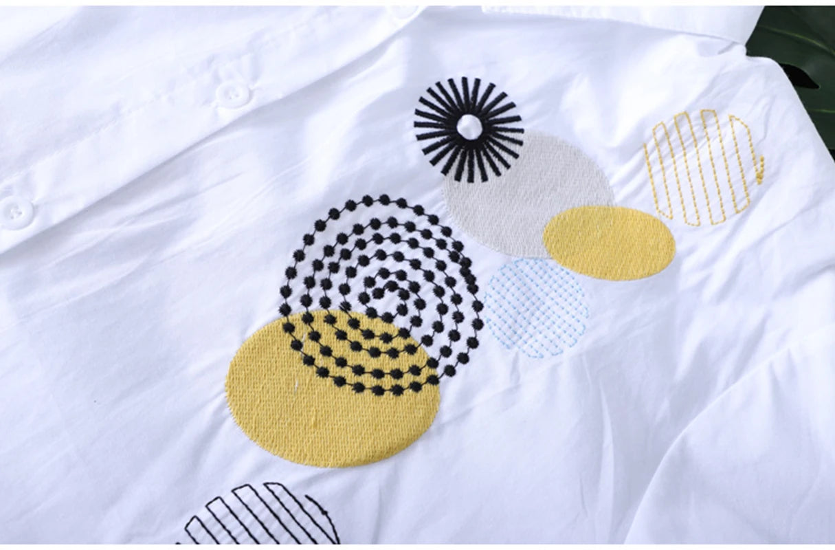 Women Embroidery Loose Long White Shirts 2024 Spring Autumn New Casual