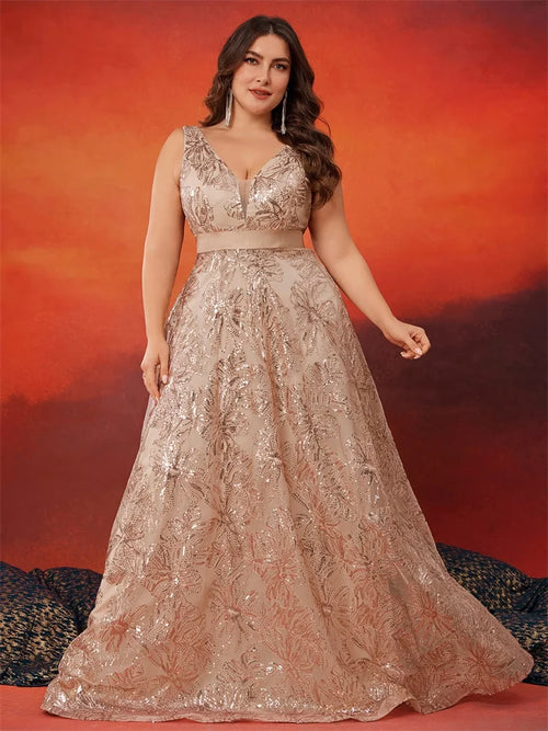 Plus Size Luxury Deep V-Neck Sequins Blue Evening Dress Women Elegant