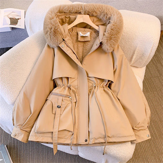 Women Autumn Winter Fashion Coats Korean Hooded Drawstring Padded