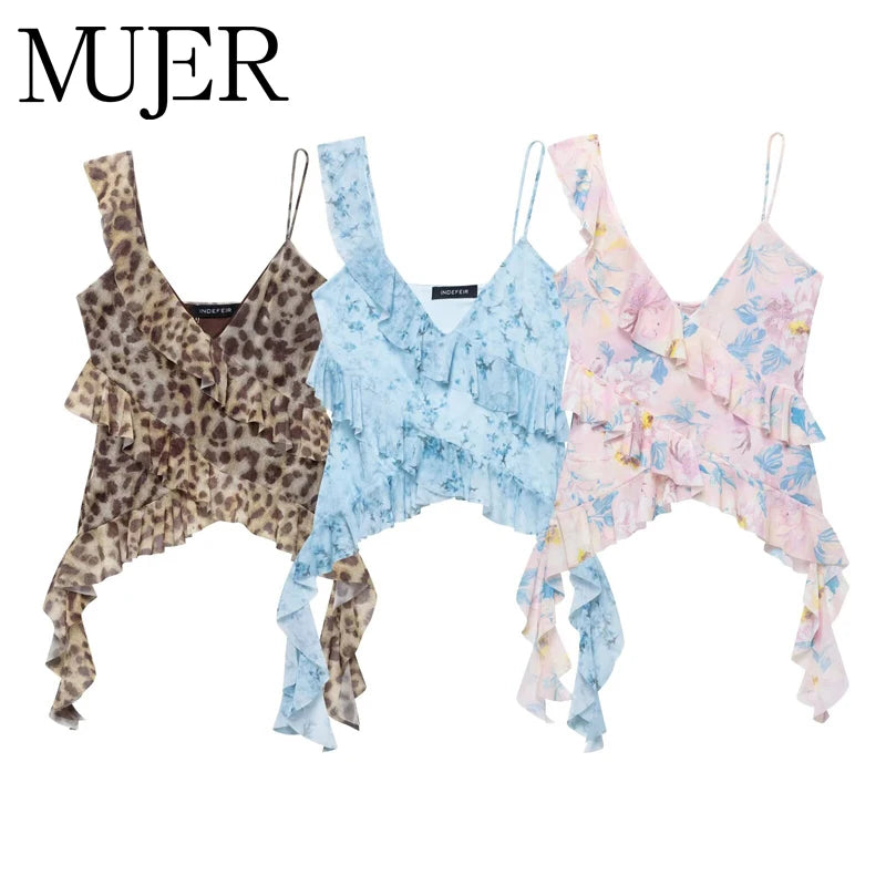 MUJER Print Ruffle Tulle Top Women Leopard Backless Tops Woman 2025