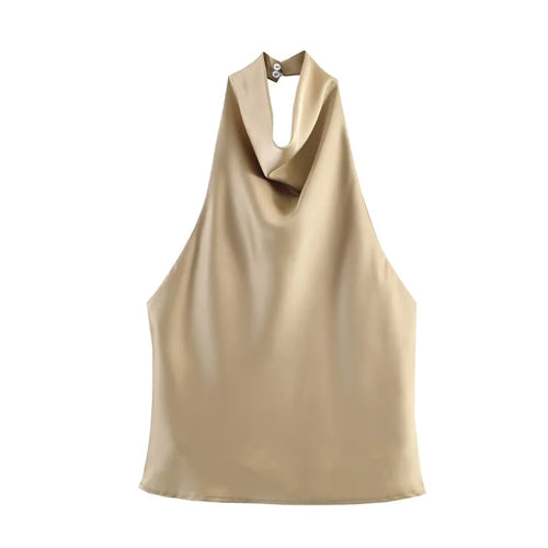 ETJ Women's 2026 Spring Cowl Neck Sleeveless Top Satin Backless Halter