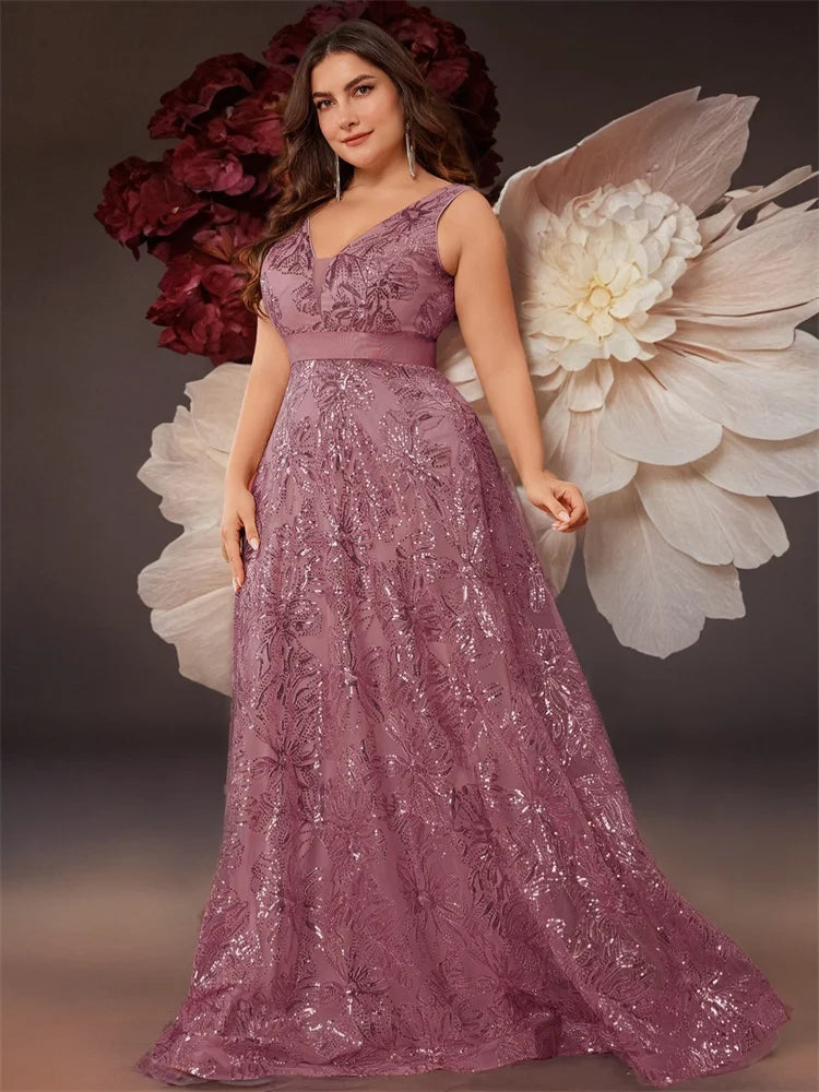 Plus Size Luxury Deep V-Neck Sequins Blue Evening Dress Women Elegant