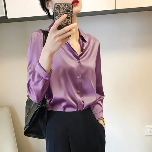 French Elegant Women Satin Glossy Shirt Summer Solid Loose Long Sleeve