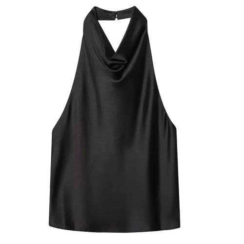 HXAO Halter Neck Women's Top Off Shoulder Satin Crop Top Women Summer