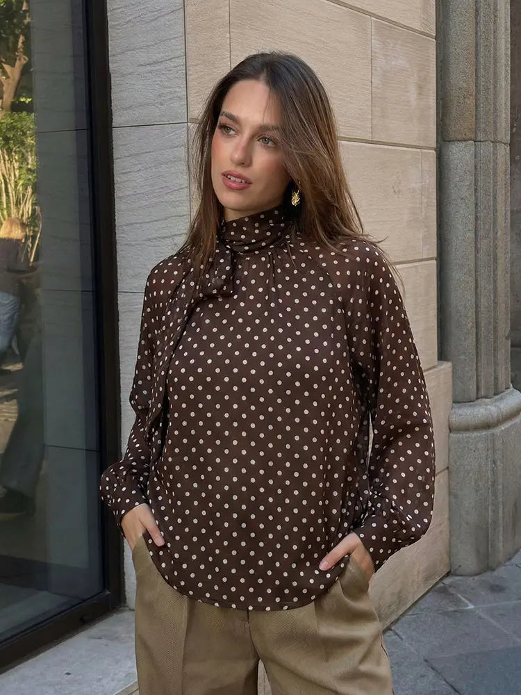 HH Polka Dot Shirts For Women Elegant Fashion Long Sleeve Scarf Collar