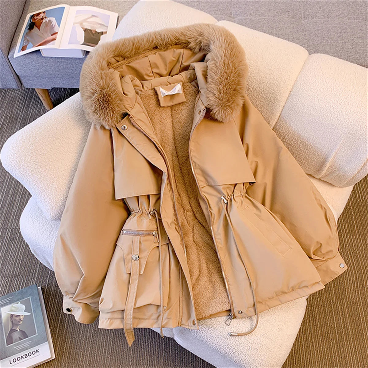 Women Autumn Winter Fashion Coats Korean Hooded Drawstring Padded