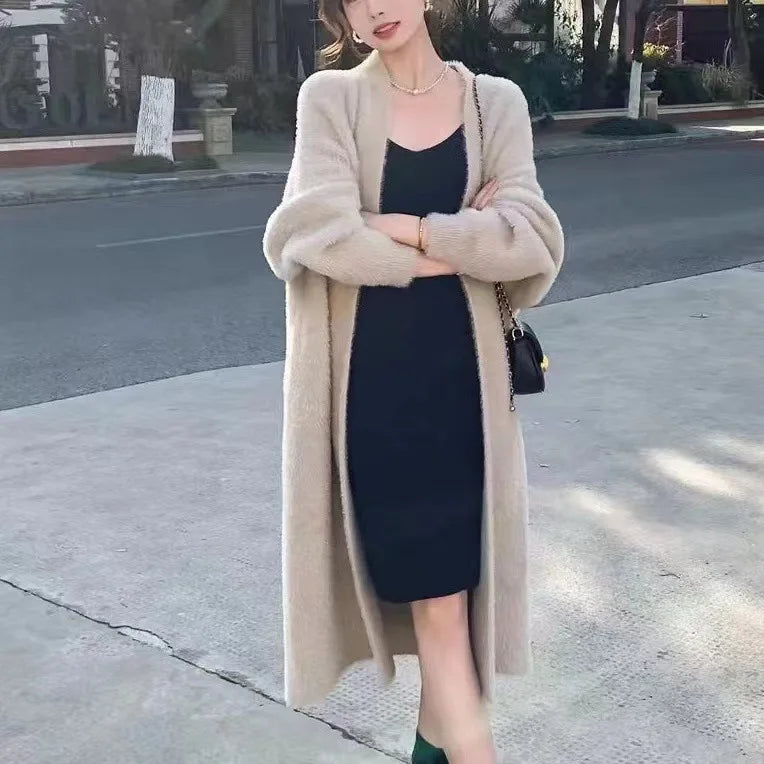 Autumn and winter loose and lazy style open knit coat, thick knee