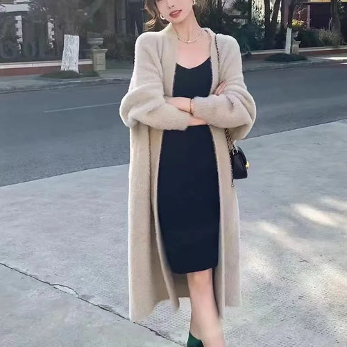 Autumn and winter loose and lazy style open knit coat, thick knee