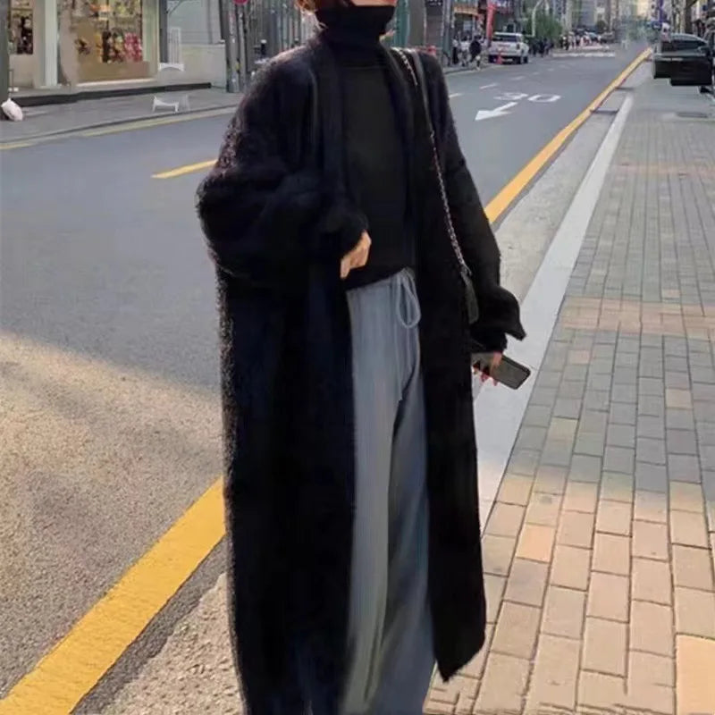 Autumn and winter loose and lazy style open knit coat, thick knee