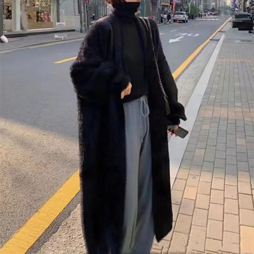 Autumn and winter loose and lazy style open knit coat, thick knee