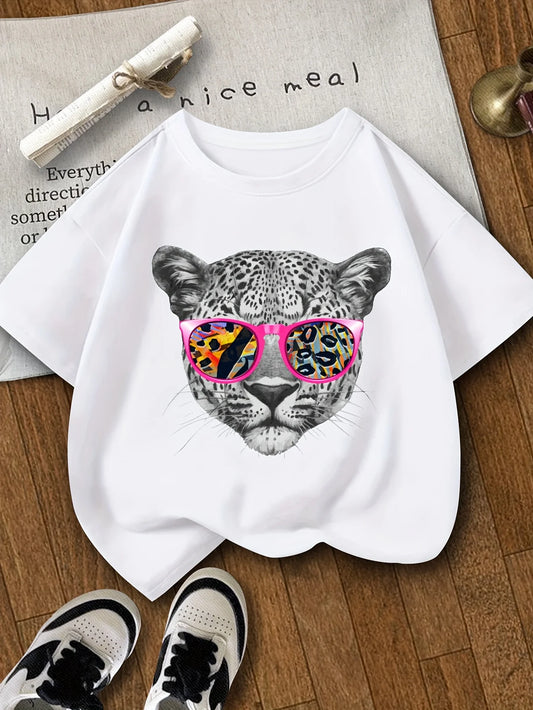 Playful Charm, Colorful Leopard Face Print Girls' T-Shirt Soft Crew