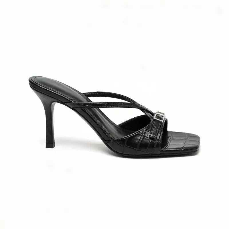 Women's Kitten Heel Mules Square Toe Strappy Sandals Elegant Dressy