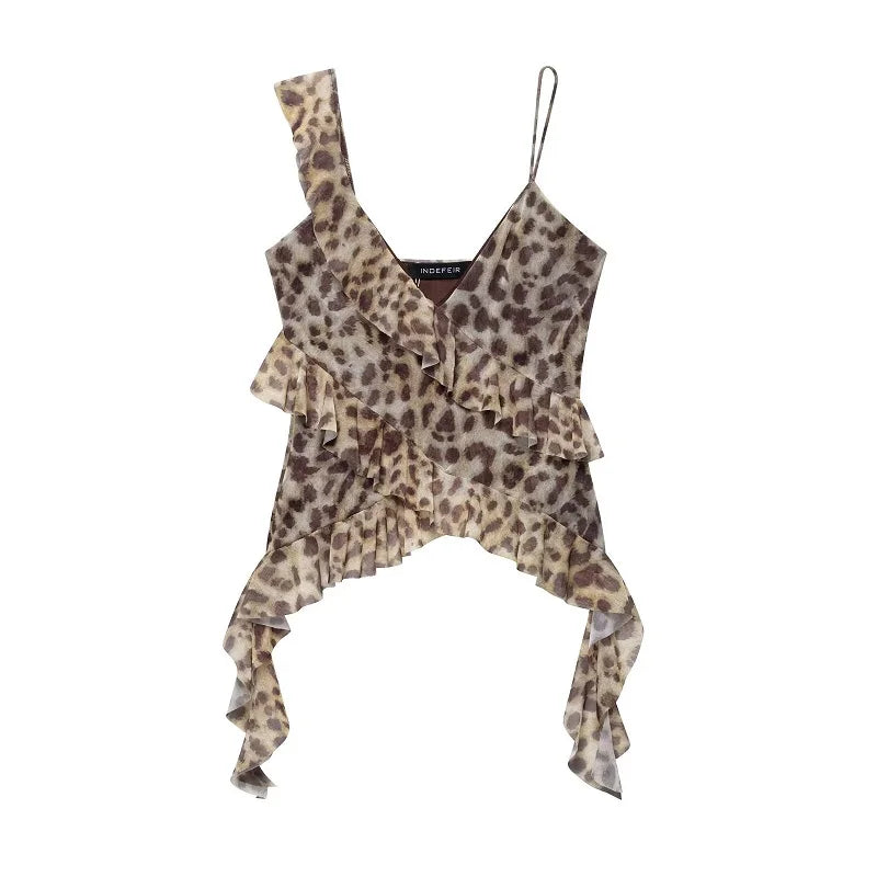 MUJER Print Ruffle Tulle Top Women Leopard Backless Tops Woman 2025
