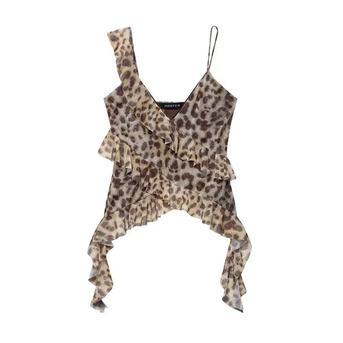 MUJER Print Ruffle Tulle Top Women Leopard Backless Tops Woman 2025