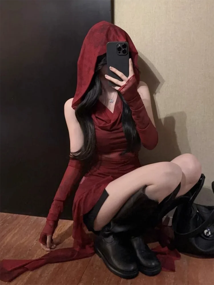 Red Mesh See Through Top Streetwear Hooded T-shirt Irregular Ruffle