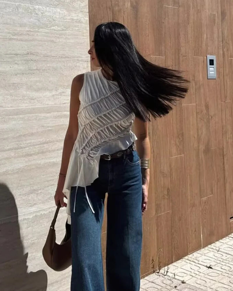 Women's Top 2026 New Fashion Spring Summer Asymmetrical Ruffle Top