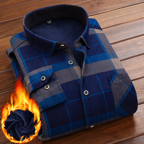 Plaid Printed Shirt Men's Winter Thicken Fleece Warm Long-sleeved