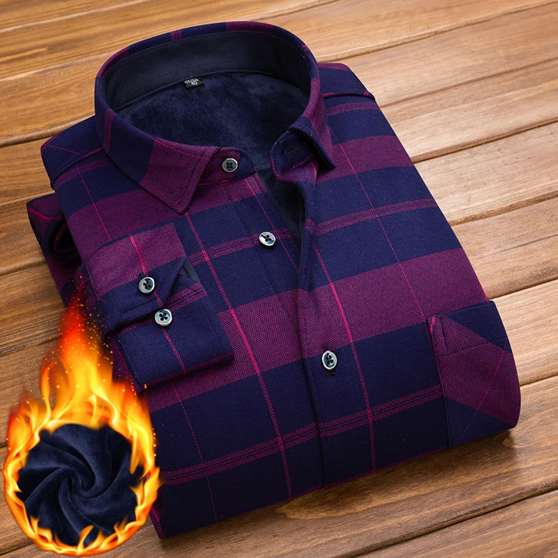 Plaid Printed Shirt Men's Winter Thicken Fleece Warm Long-sleeved