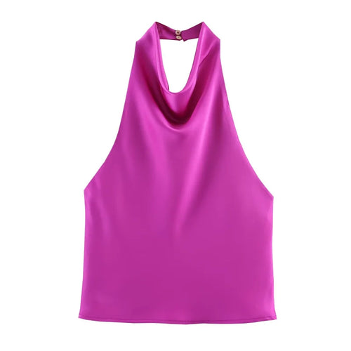 ETJ Women's 2026 Spring Cowl Neck Sleeveless Top Satin Backless Halter