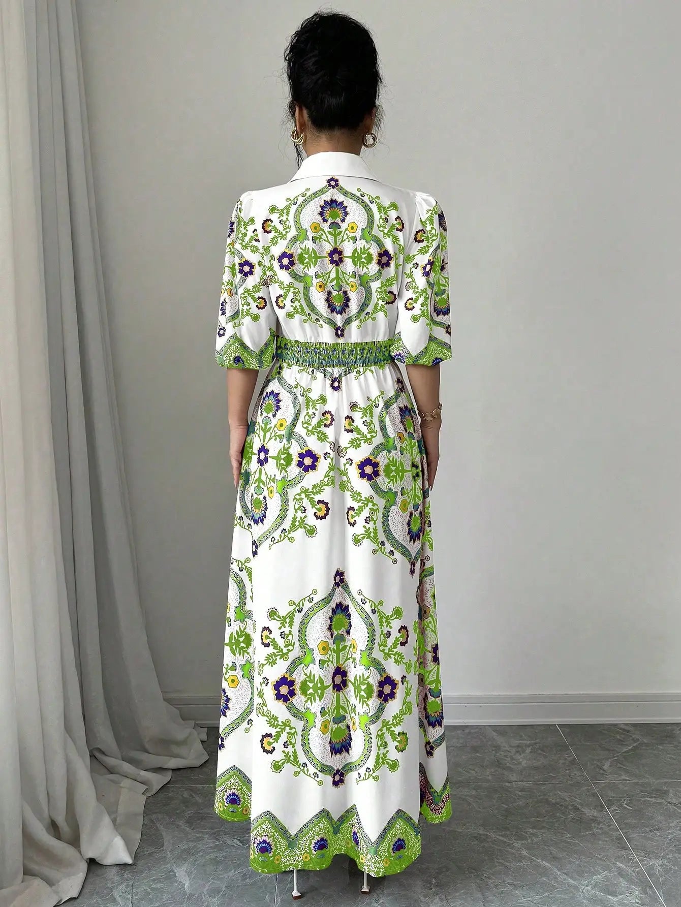 Vintage Floral Totem Print Women's Shirt Dress Elegant Turn Down