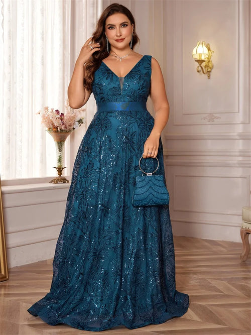Plus Size Luxury Deep V-Neck Sequins Blue Evening Dress Women Elegant