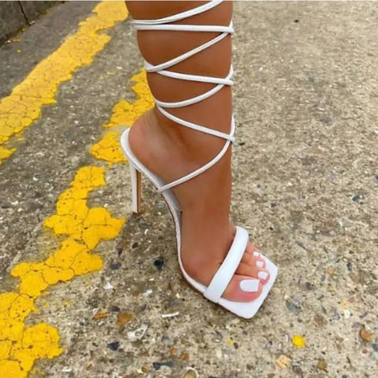 New Women's Summer Plus Size Sexy Square Toe Strappy Stiletto High