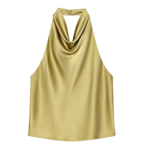 HXAO Halter Neck Women's Top Off Shoulder Satin Crop Top Women Summer