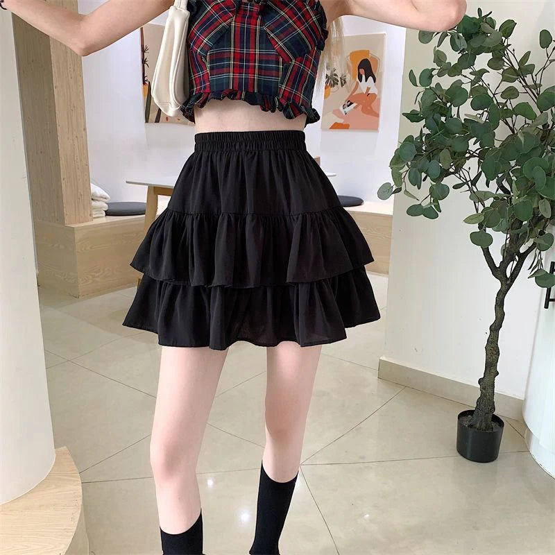 Pleated A-Line Skirt Women White Ruffle Sweet Tierred Pretty Style