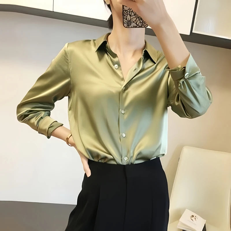 French Elegant Women Satin Glossy Shirt Summer Solid Loose Long Sleeve