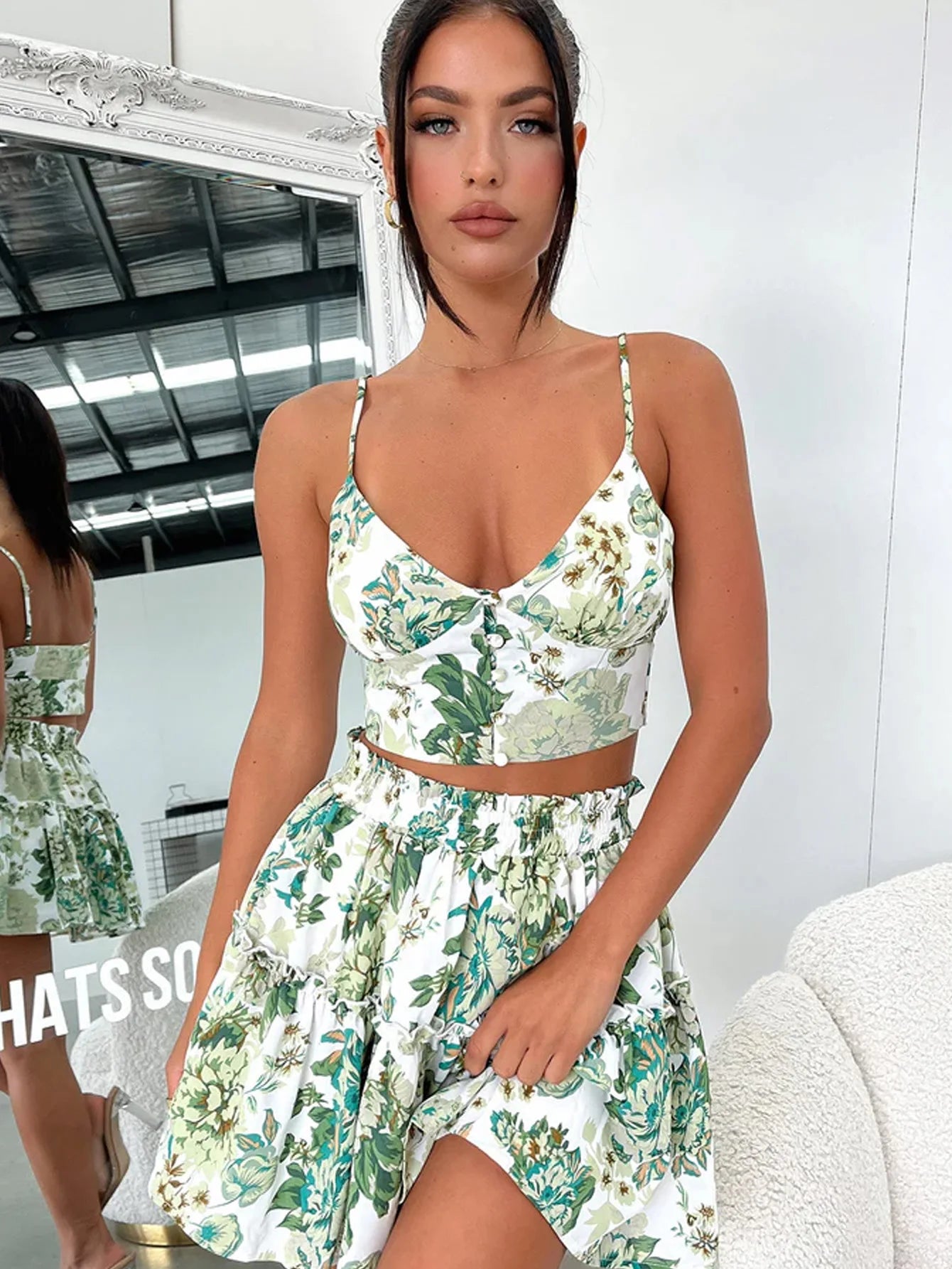 Women's Floral Cami Top And Ruffle Hem Skirt 2pcs Set，back to